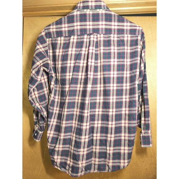Sears Roebuck Co Mens Sz L Button Up Front Plaid Shirt Tan Green Burgundy Stripe - Picture 2 of 7